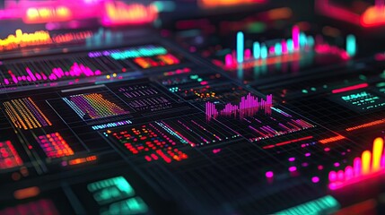 Obraz premium Futuristic Digital Data Visualization with Colorful Graphs and Charts on a High-Tech Interface