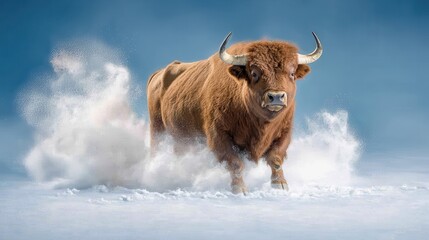 A majestic brown bison standing powerfully in a snowy landscape, surrounded by mist and capturing the essence of wilderness.