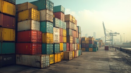 Colorful Shipping Containers Stacked at an Industrial Port with Crane in Background on a Foggy Day