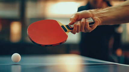 Close-up of table tennis player doing a serve, focus on the red racket and ball, with a blurred background.