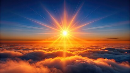 Vibrant orange sun with intense flare effect, surrounded by transparent misty atmosphere, highlighted against a soft blue sky with subtle gradient tones.