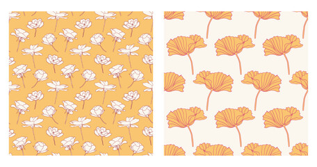 Floral Hand Drawn Flowers Seamless Patterns Set