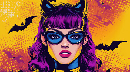 Fototapeta premium Pop art concept black woman in halloween costumes. Bat background in pop art retro comic style. Halloween costume party poster background.