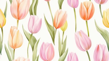 A vibrant floral pattern featuring beautiful pink and orange tulips against a soft white background, perfect for spring decor.