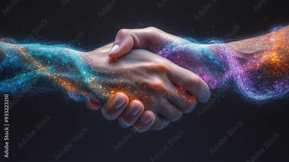 Poster colorful energy waves flow between two hands in a handshake, symbolizing unity and collaboration in 