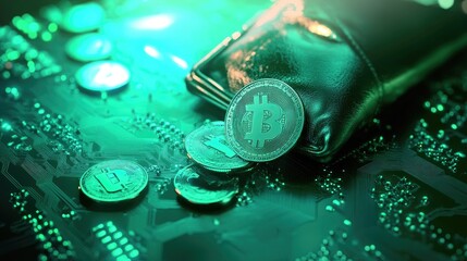 Shiny Bitcoin Coin on a Glowing Green Circuit Board with Wallet in Background