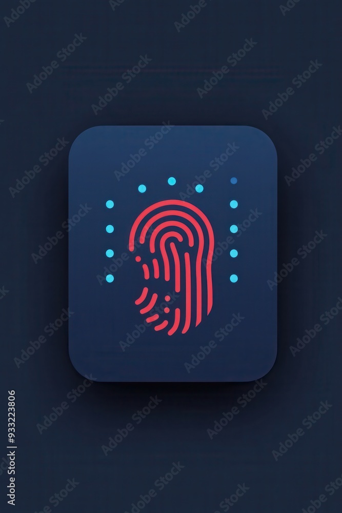 Poster modern digital security app icon featuring a stylized fingerprint with colorful dots on a dark backg