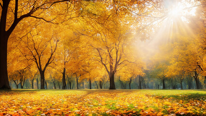 Fototapeta premium A captivating autumn landscape featuring yellow trees and sunlight.
