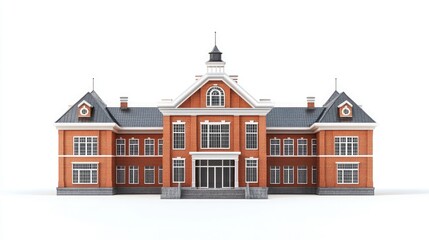 Fototapeta premium A classic red brick building with a black roof and white trim, featuring a central entrance with a set of double doors and a series of windows.