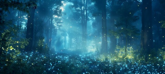 Naklejka premium Serene Bioluminescent Forest with Ethereal Glow in Moonlight