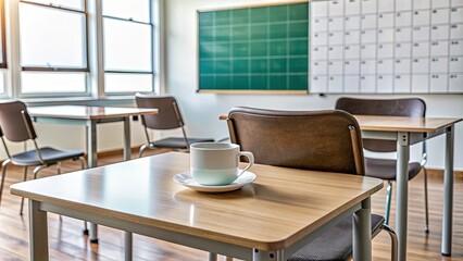 Empty classroom desk with chairs, parent-teacher conference schedule, and a cup of coffee, conveying a sense of upcoming meeting and discussion.