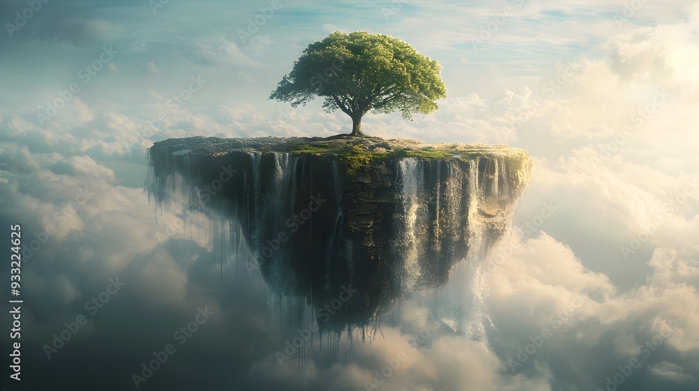 Poster surreal floating island with cascading waterfall in ethereal dreamscape