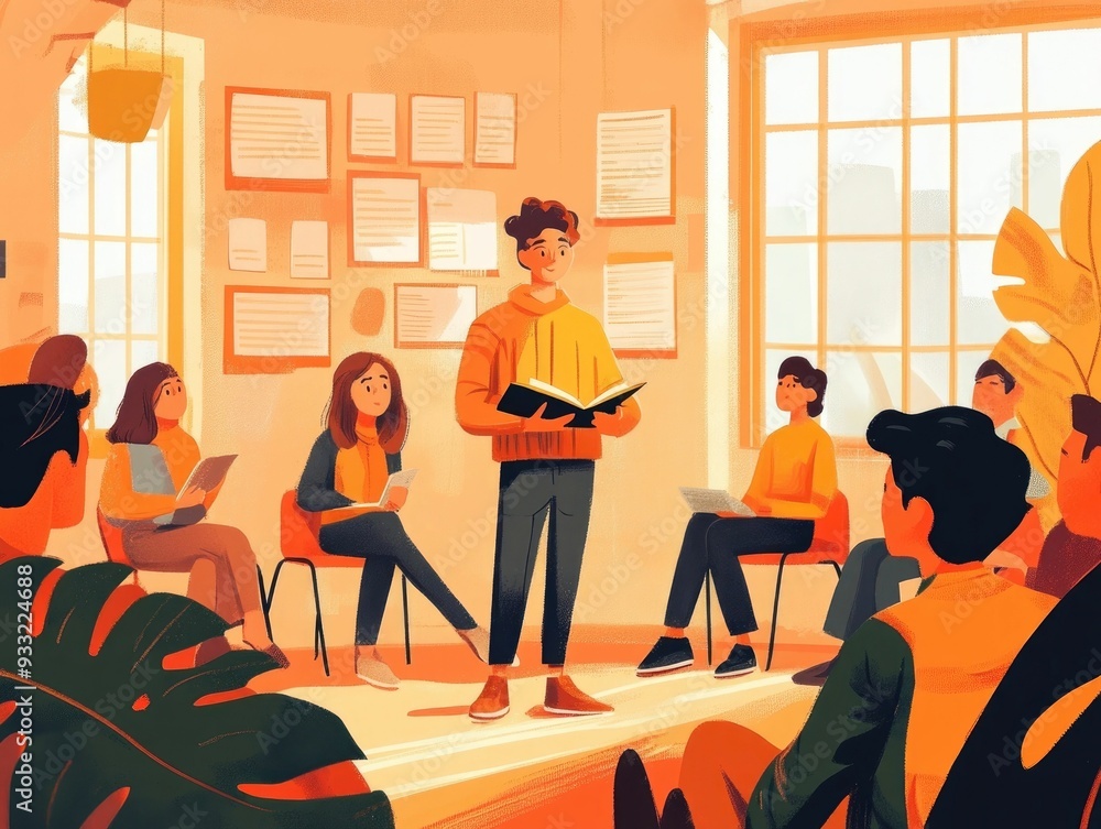Poster of an immersive language learning workshop with a diverse group of students in a flat design style d