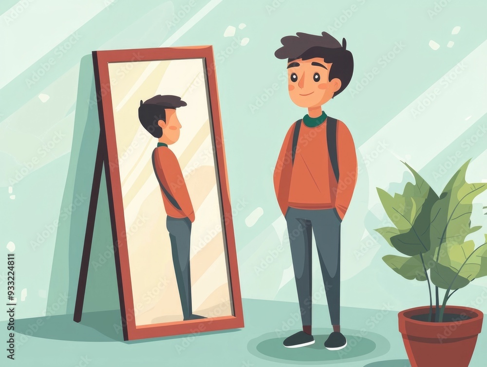 Poster Flat design depicting language learning and speaking practice in front of a mirror  Concept for self improvement skill development and communication enhancement through visual learning tools