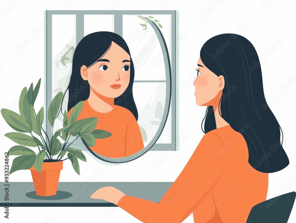 Poster of a person practicing language speaking skills in front of a mirror  Flat design concept for language education communication training and skill development