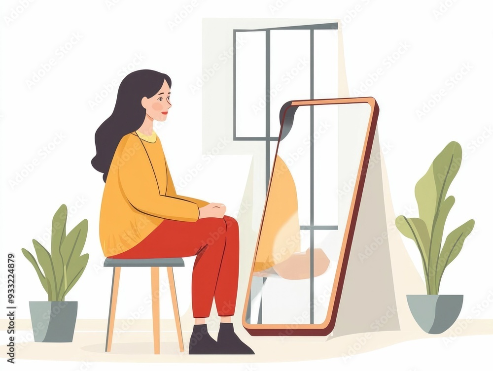 Poster flat design concept of a person practicing language learning and speaking in front of a mirror as a 