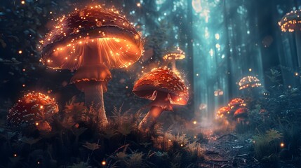 Naklejka premium Enchanting Mystical Forest with Glowing Creatures and Ethereal Mushrooms in Magical Atmosphere
