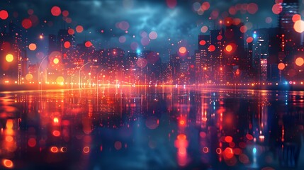 Obraz premium Captivating Digital Abstract Art of a Glowing Cityscape at Night with Reflections and a Sense of Motion