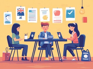 Flat design depicting the concept of language learning language proficiency testing and educational assessment  The image showcases various icons and symbols related to language skills study