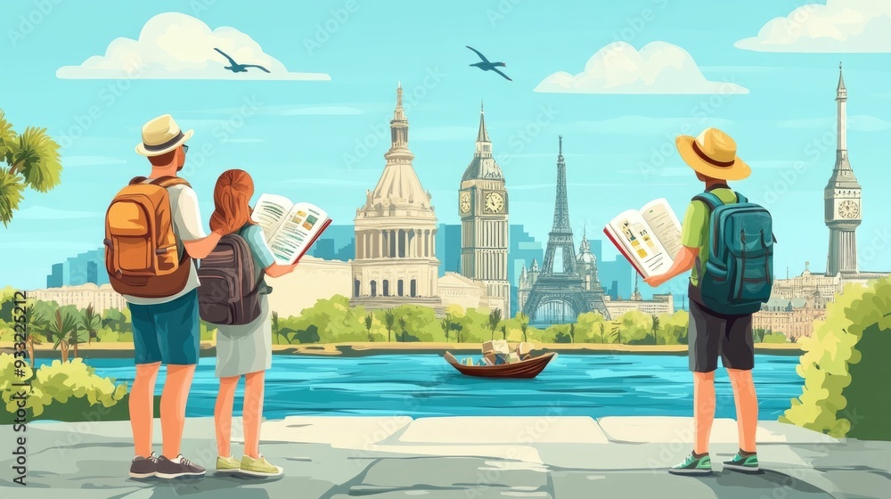 Aufkleber flat design of language learning and using a phrasebook while traveling to explore different culture