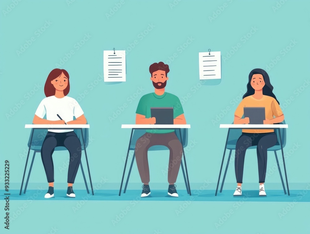 Poster flat design depicting a classroom setting where a student is taking notes during a language learning