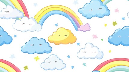 A whimsical pattern featuring colorful clouds and rainbows, perfect for children's designs, cards, and cheerful decorations.