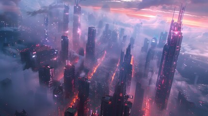 Fototapeta premium Captivating Futuristic Cityscape with Vibrant Architectural Details and Atmospheric Lighting