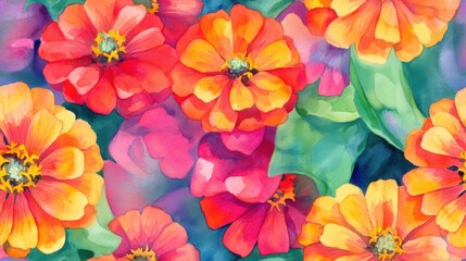 A vibrant watercolor composition featuring bright orange and yellow flowers, perfect for adding color and life to your decor.