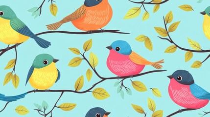 Fototapeta premium A vibrant pattern of colorful birds perched on branches among autumn leaves, set against a soft blue background.