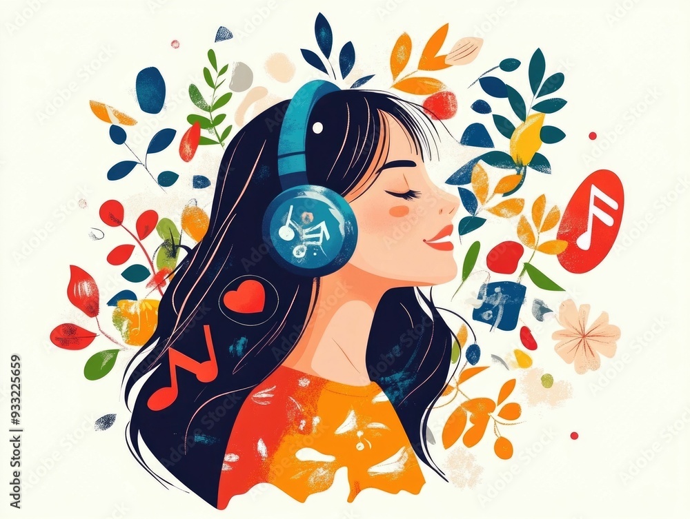 Aufkleber flat design showing the concept of language learning through listening to foreign music as an educat