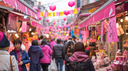 Obraz premium Bustling market street with vendors selling pink products for breast cancer research 