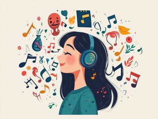 Vibrant flat design depicting the concept of language learning and cultural exchange through listening to foreign language music  The image showcases a minimalist