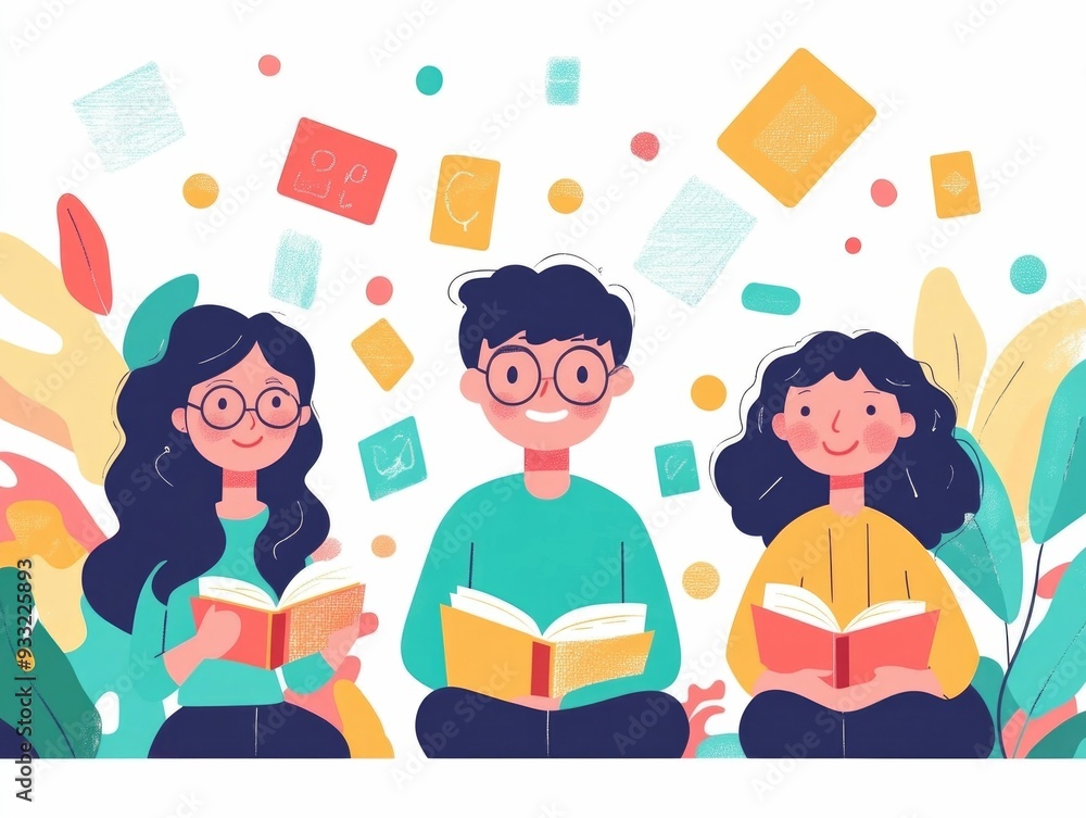 Poster flat design depicting language learning process using flashcards to acquire new vocabulary and devel