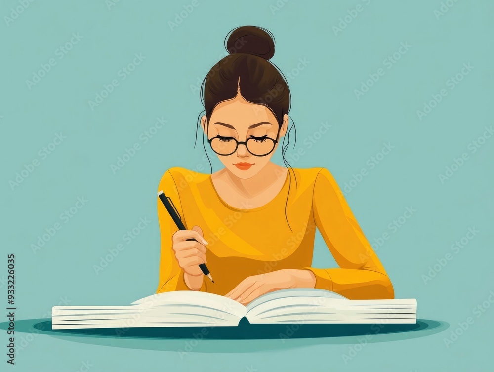 Poster flat design depicting the concept of language learning writing an essay in a new language education 