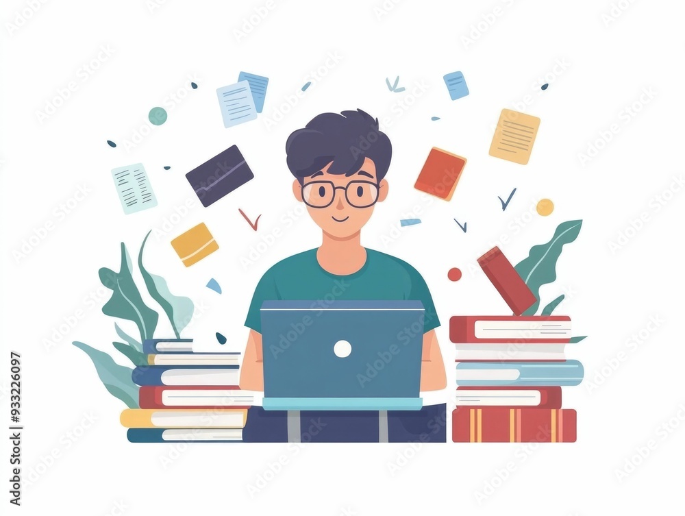 Poster flat design depicting language learning studying and preparing for a language exam concepts of educa