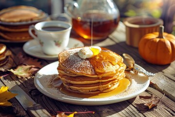 An inviting Thanksgiving breakfast scene with pumpkin spice pancakes, maple syrup, and a hot cup of coffee