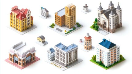 A collection of miniature buildings isolated on white background.