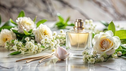 Elegant perfume bottle with solid fragrance stick inside, surrounded by delicate flowers and greenery, on a luxurious marble tabletop with soft, blurred background.