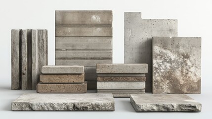 A collection of various grey and brown concrete blocks arranged on a white background.