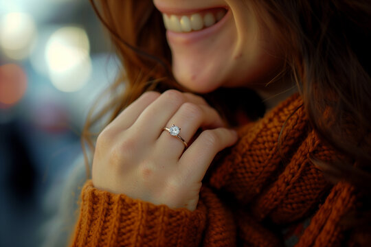 Close up photo of a smiling woman with an engagement ring.