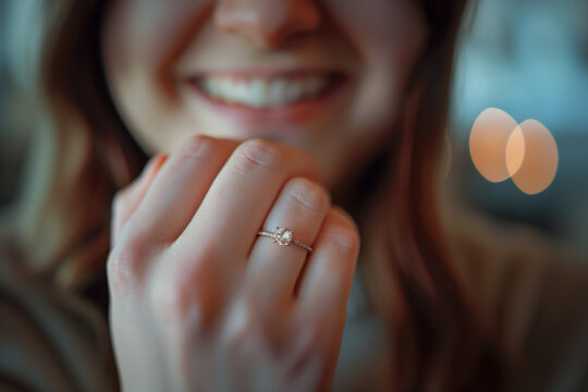 Close up photo of a smiling woman showing off her engagement ring.