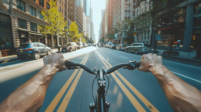 First person view of male athlete riding bicycle on city street