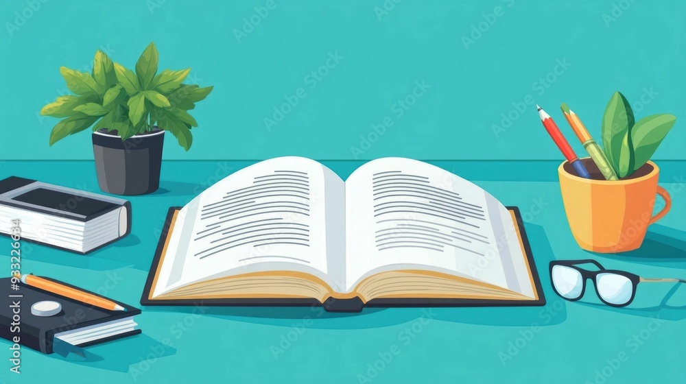 Poster flat design depicting a language learning concept with a workbook full of grammar exercises on a des