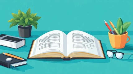 Flat design depicting a language learning concept with a workbook full of grammar exercises on a desk  Focus on education studying and improving skills through practice