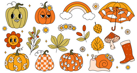 Set of autumn groovy stickers. hippie stickers, psychedelic groovy elements. Cartoon funky autumn leaves, mushrooms, pumpkins, harvest vintage hippy style element. Vector illustration isolated © m_matvi