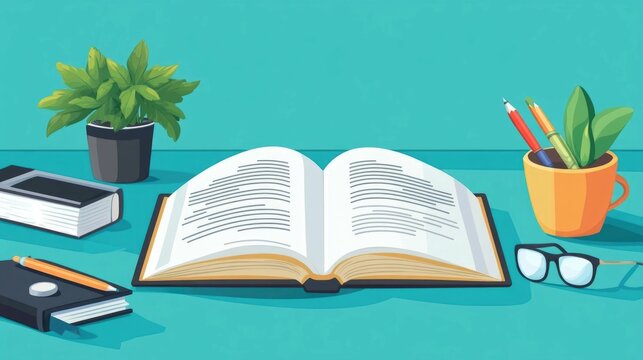Flat design depicting a language learning concept with a workbook full of grammar exercises on a desk  Focus on education studying and improving skills through practice