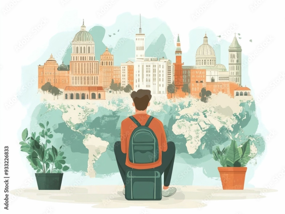 Poster language learning and studying abroad in a vibrant multicultural environment a flat design showcasin