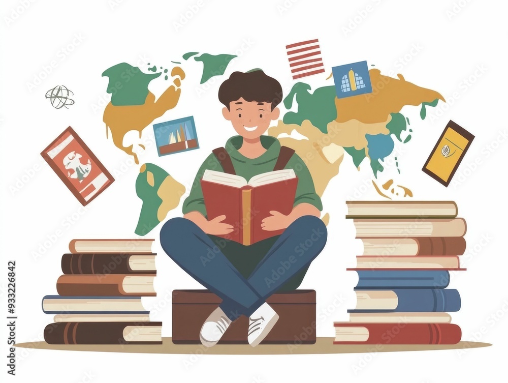 Poster flat design depicting the concept of language learning and studying in a language rich environment a