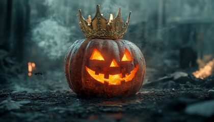 Obraz premium Scary Pumpkin King Jack-O-Lantern with Crown Glowing in Creepy Halloween Night