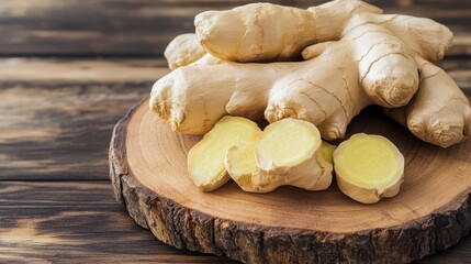 Fresh ginger root with detailed texture on a rustic wooden board, ginger superfood, natural digestive aid